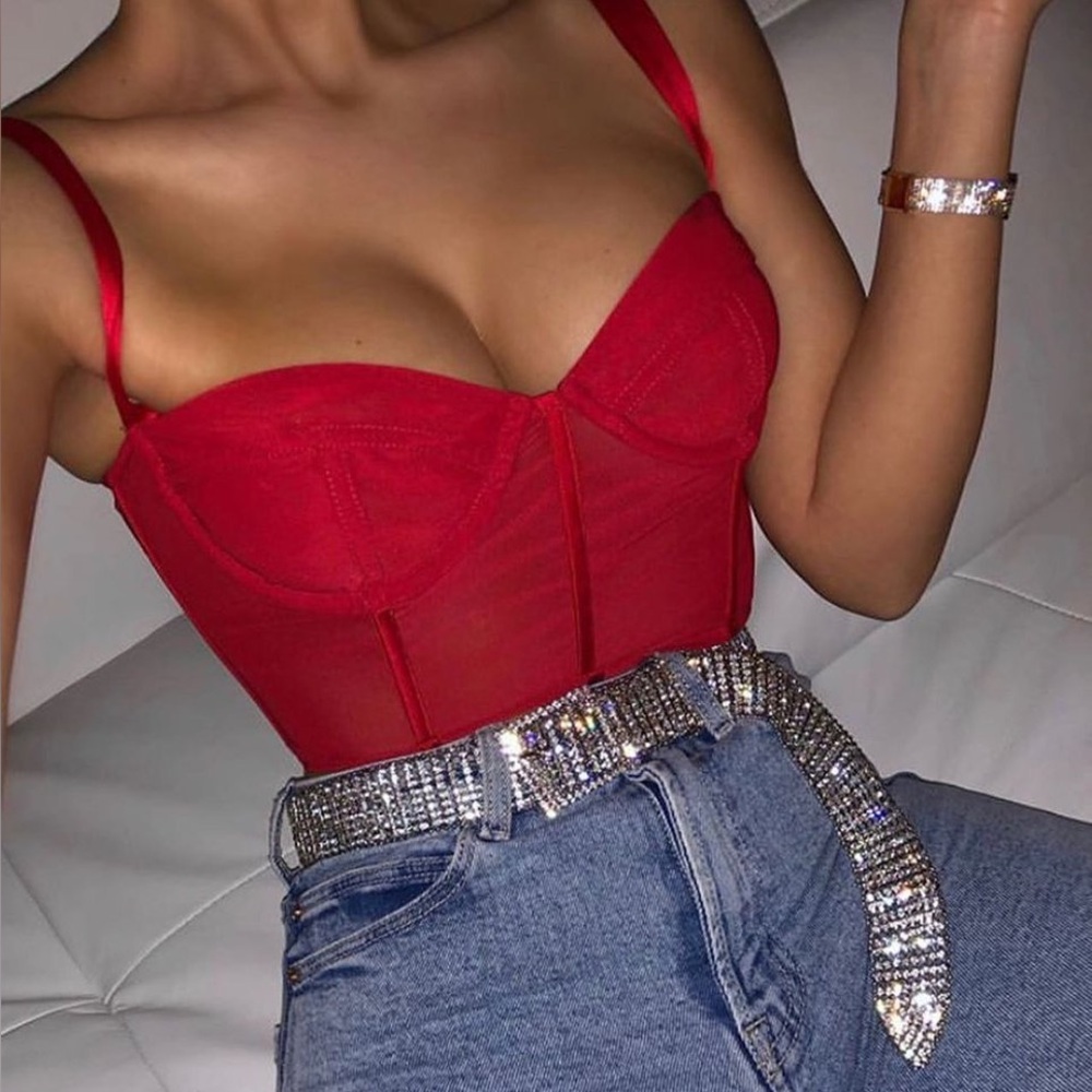 Oh Polly Red Mesh Corset Bustier Top New Without Tags